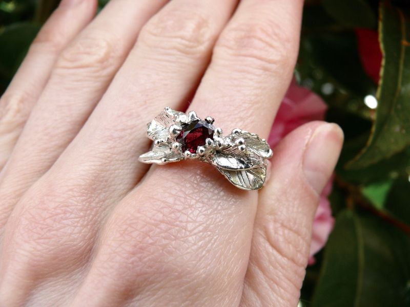 Sea Thrift  One-of-a-Kind Rhodolite Garnet Ring in Argentium Silver | Botanical Alternative Engagement Ring