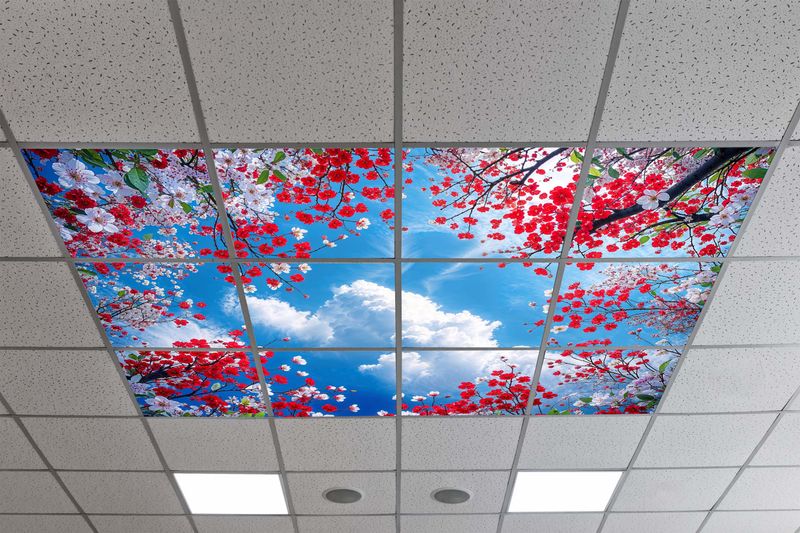Sky Trees Flowers LED Ceiling Light Panels - Red and White Blossom Canopy - 600x600