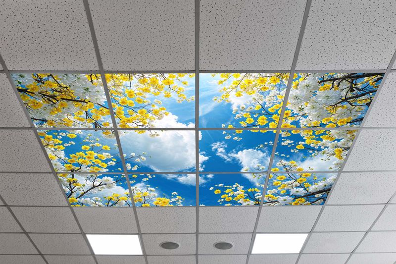 Sky Trees Flowers LED Ceiling Light Panels - Yellow and White Blossom Canopy - 600x600