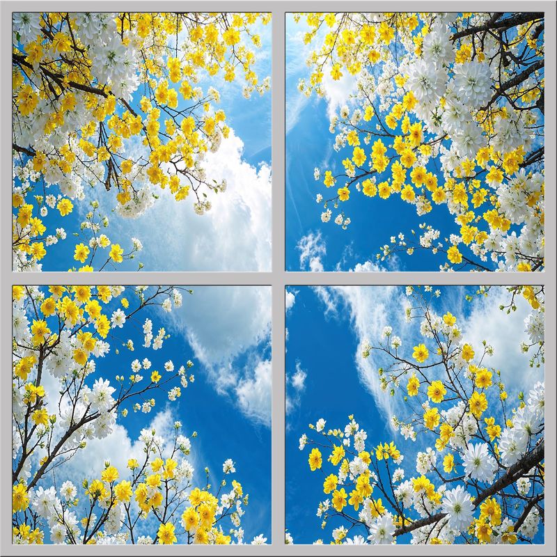 Sky Trees Flowers LED Ceiling Light Panels - Yellow and White Blossom Canopy - 600x600