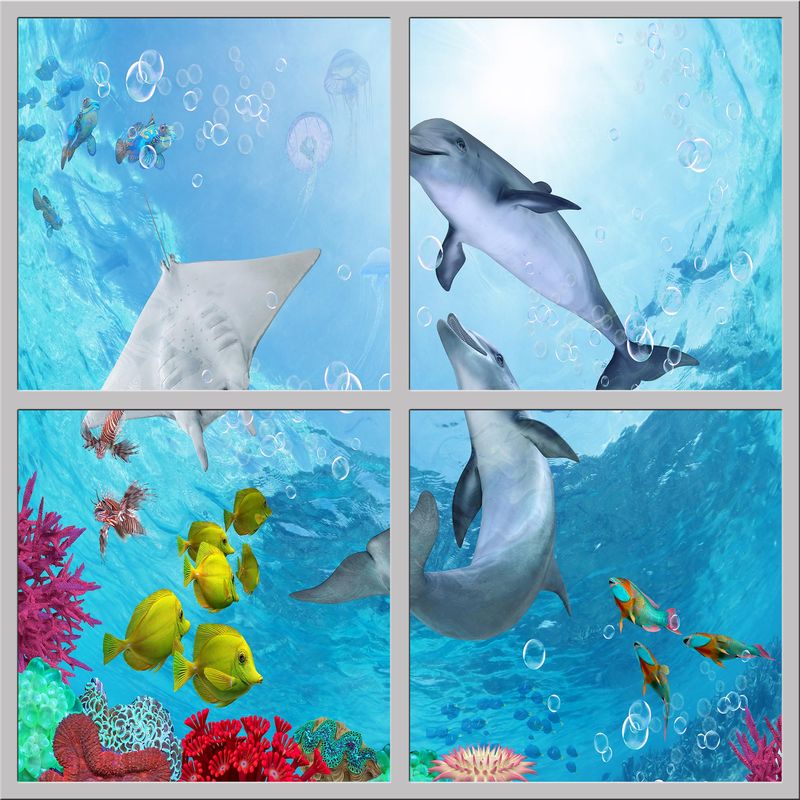 Underwater LED Ceiling Light Panels - Dolphins and Coral Reef - 600x600
