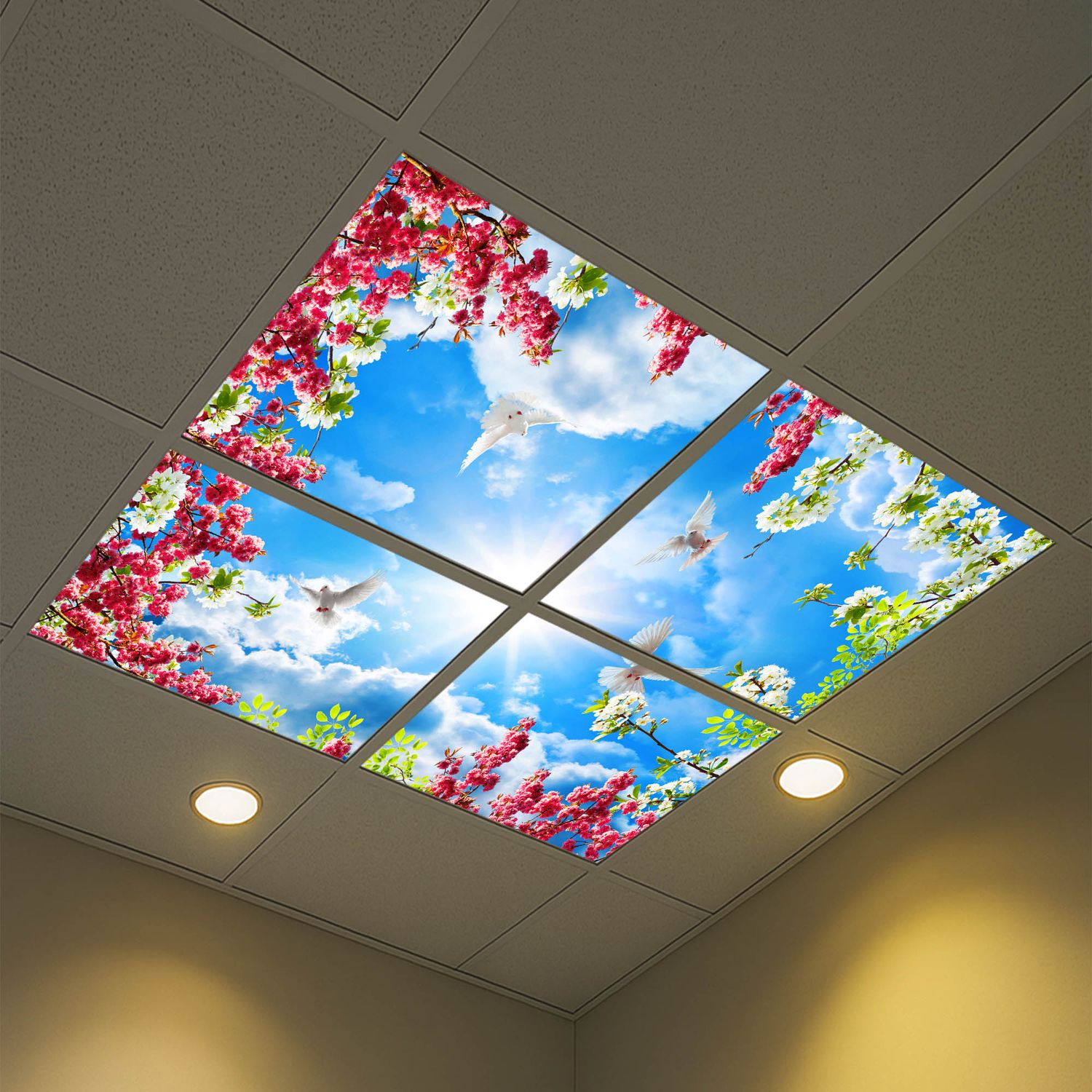 Sky Trees Flowers LED Ceiling Light Panels - Blossom Sky with Doves - 600x600 Sky Trees Flowers LED Ceiling Light Panels - Blossom Sky with Doves - 600x600