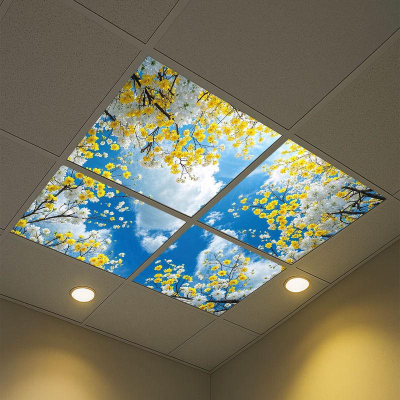 Sky Trees Flowers LED Ceiling Light Panels - Yellow and White Blossom Canopy - 600x600