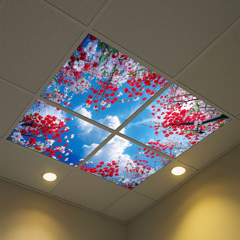 Sky Trees Flowers LED Ceiling Light Panels - Red and White Blossom Canopy - 600x600