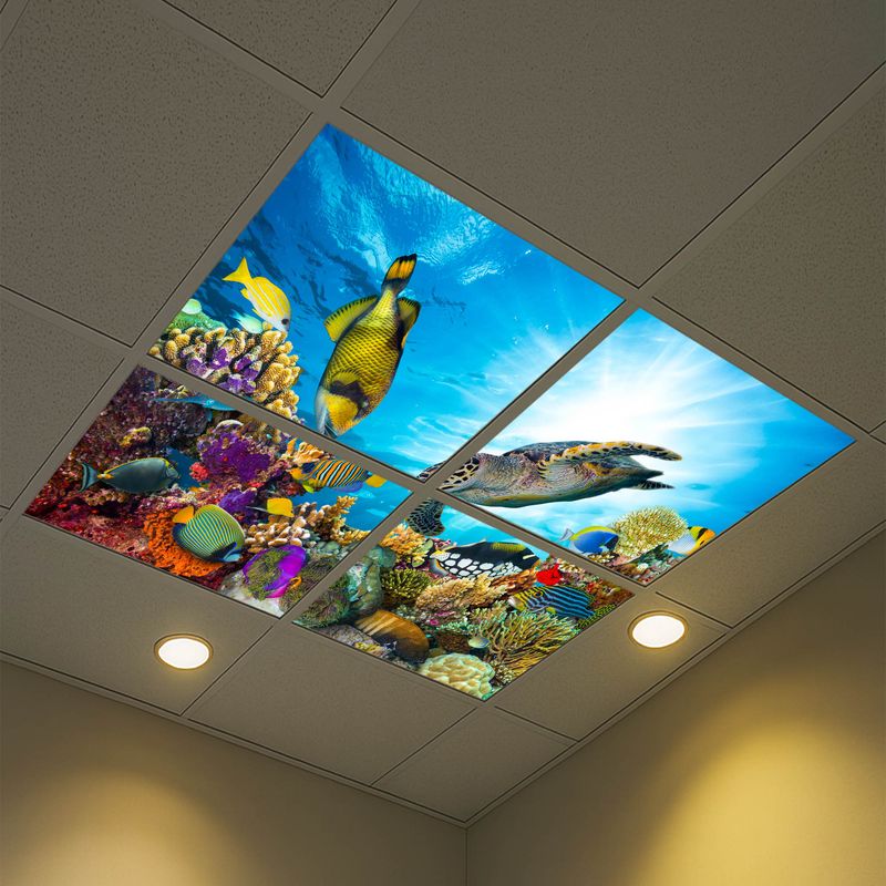 Underwater LED Ceiling Light Panels - Coral Reef with Sea Turtle - 600x600