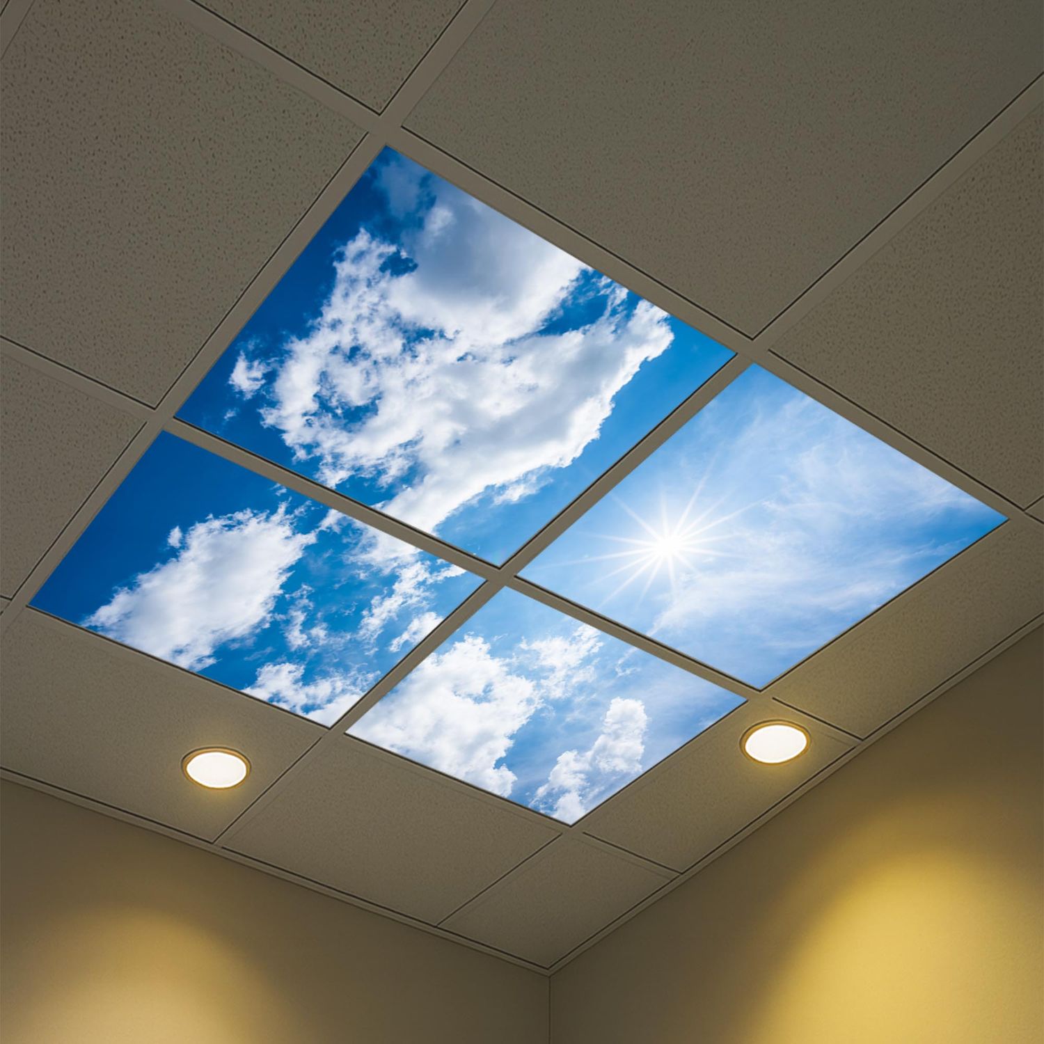 Sky Clouds LED Ceiling Light Panels - Blue Sky with Scattered Clouds and Sun - 600x600 Sky Clouds LED Ceiling Light Panels - Blue Sky with Scattered Clouds and Sun - 600x600