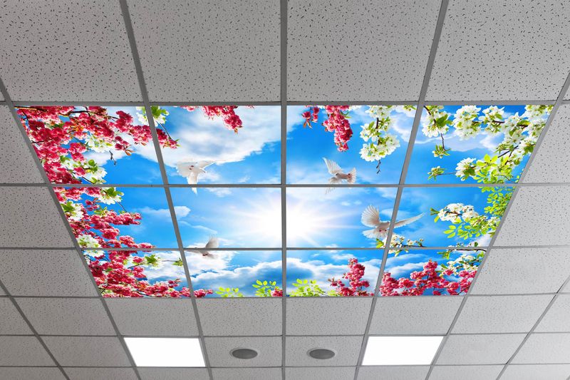 Sky Trees Flowers LED Ceiling Light Panels - Blossom Sky with Doves - 600x600