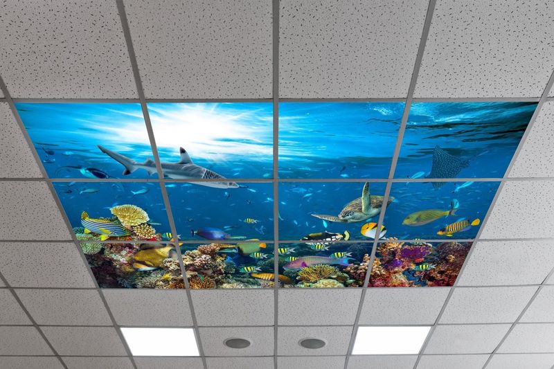 Underwater LED Ceiling Light Panels - Ocean Reef with Sharks and Sea Turtle - 600x600