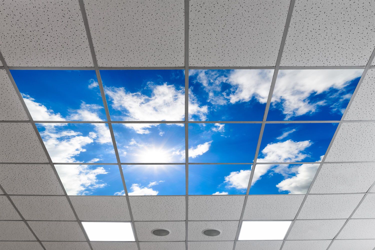 Sky Clouds LED Ceiling Light Panels - Bright Blue Sky with Scattered Clouds and Sun - 600x600 Sky Clouds LED Ceiling Light Panels - Bright Blue Sky with Scattered Clouds and Sun - 600x600