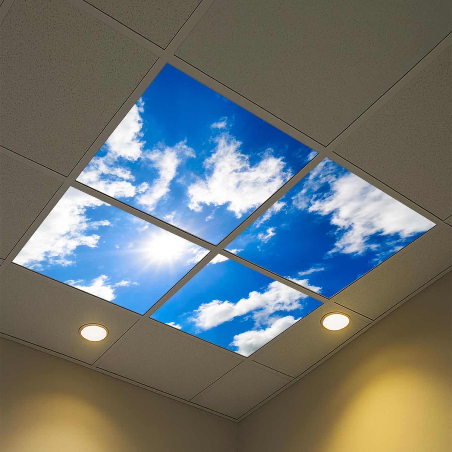 Sky Clouds LED Ceiling Light Panels - Bright Blue Sky with Scattered Clouds and Sun - 600x600