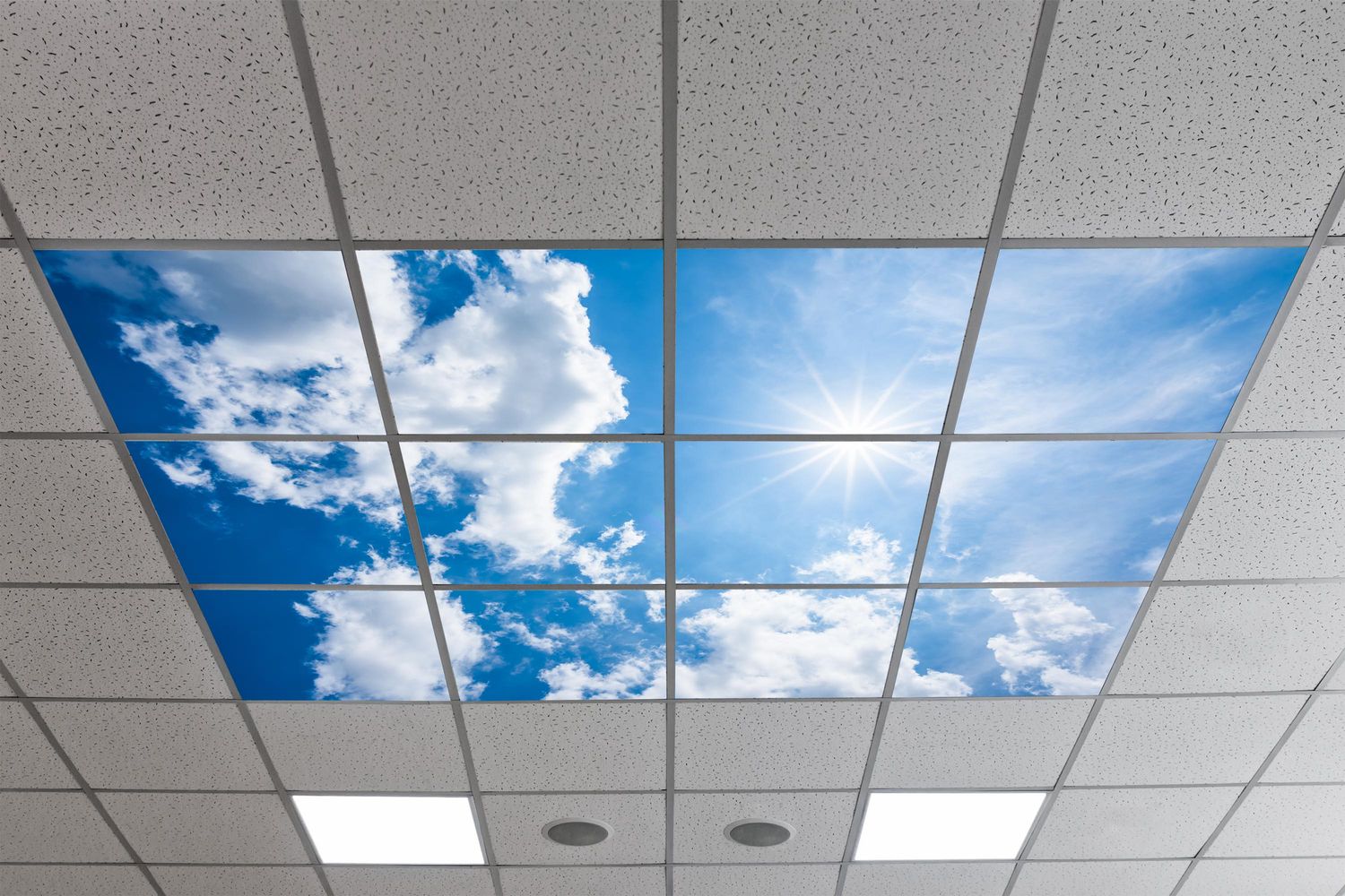 Sky Clouds LED Ceiling Light Panels - Blue Sky with Scattered Clouds and Sun - 600x600 Sky Clouds LED Ceiling Light Panels - Blue Sky with Scattered Clouds and Sun - 600x600