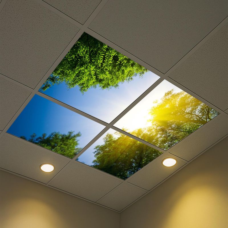 Sky Trees Flowers LED Ceiling Light Panels - Sunlit Green Trees with Blue Sky - 600x600