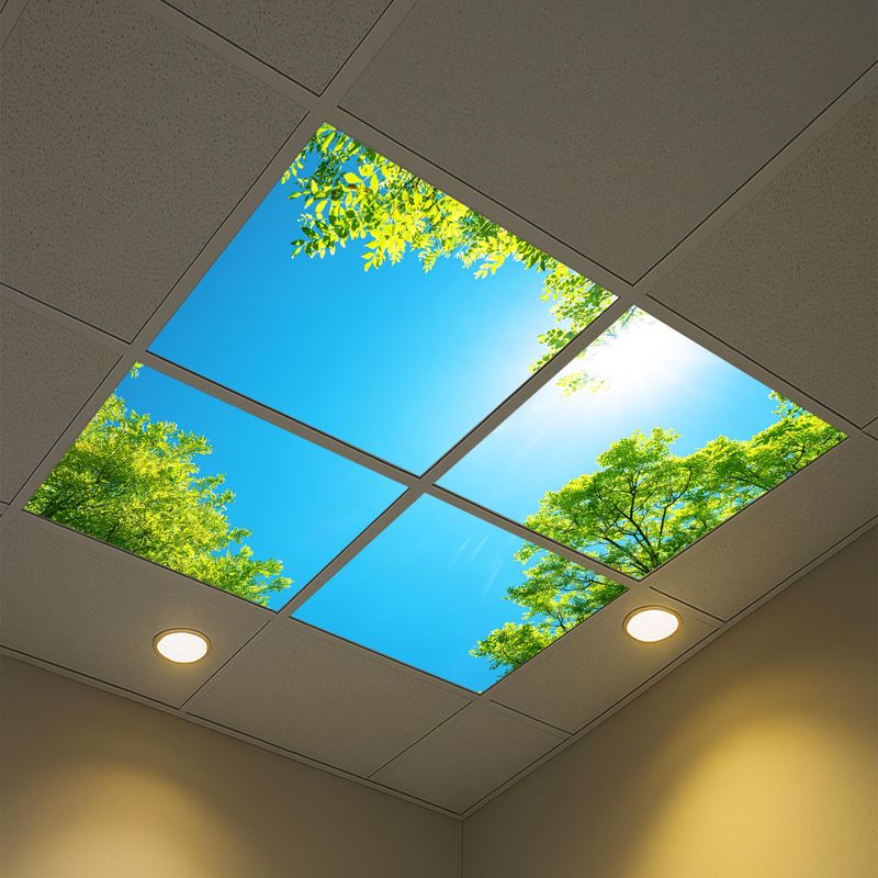 Sky Trees Flowers LED Ceiling Light Panels - Bright Blue Sky with Green Trees - 600x600