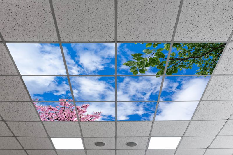 Sky Trees Flowers LED Ceiling Light Panels - Blossom and Green Foliage - 600x600
