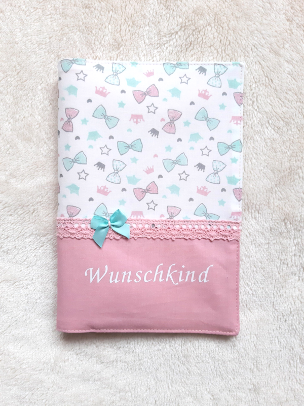 U-Heft-Hülle "Wunschkind" mit Schleifchen weiß/rosa
