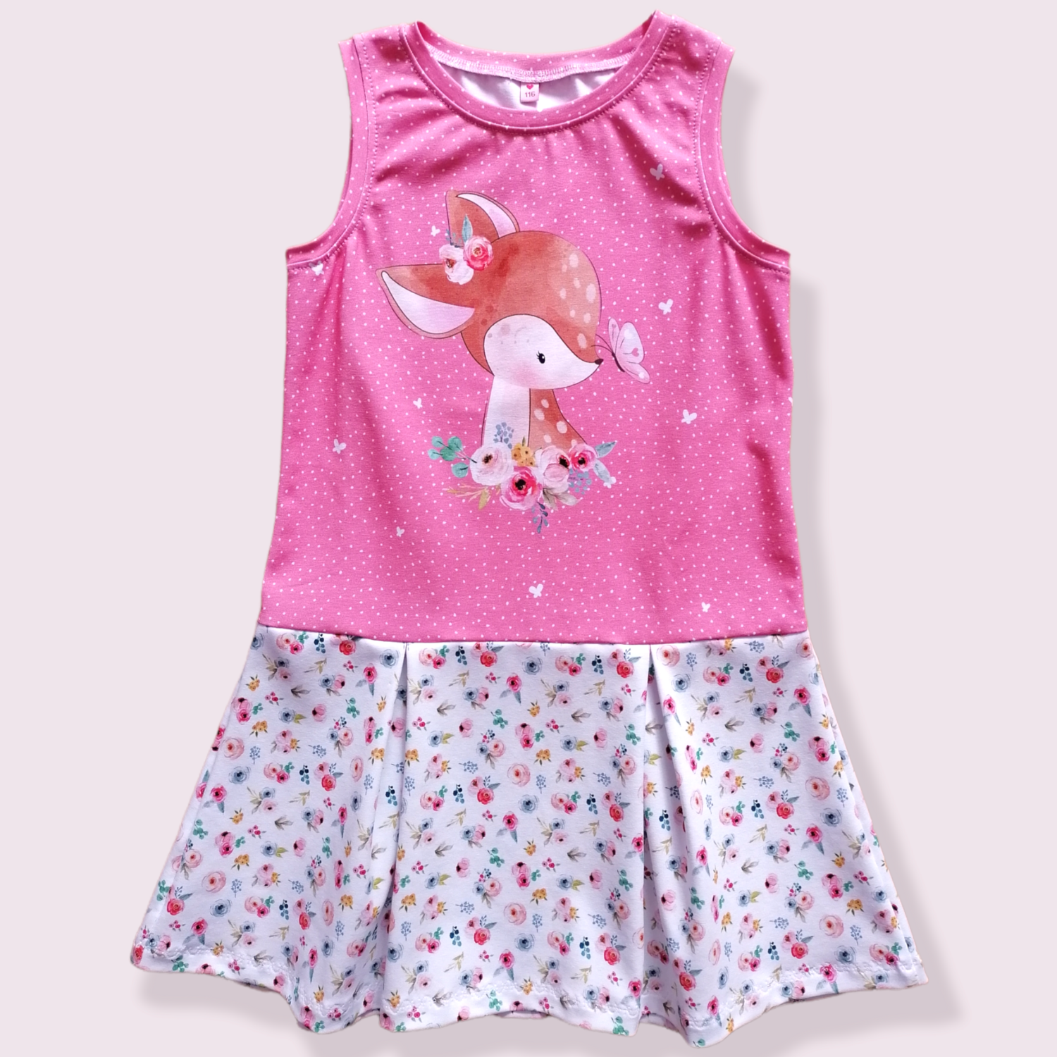 Mädchen Sommerkleid rosa Weiß mit Rehmotiv Gr. 116/122