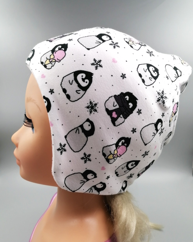 Zipfelmütze mit Ohren weiß rosa Pinguine KU 40-54
