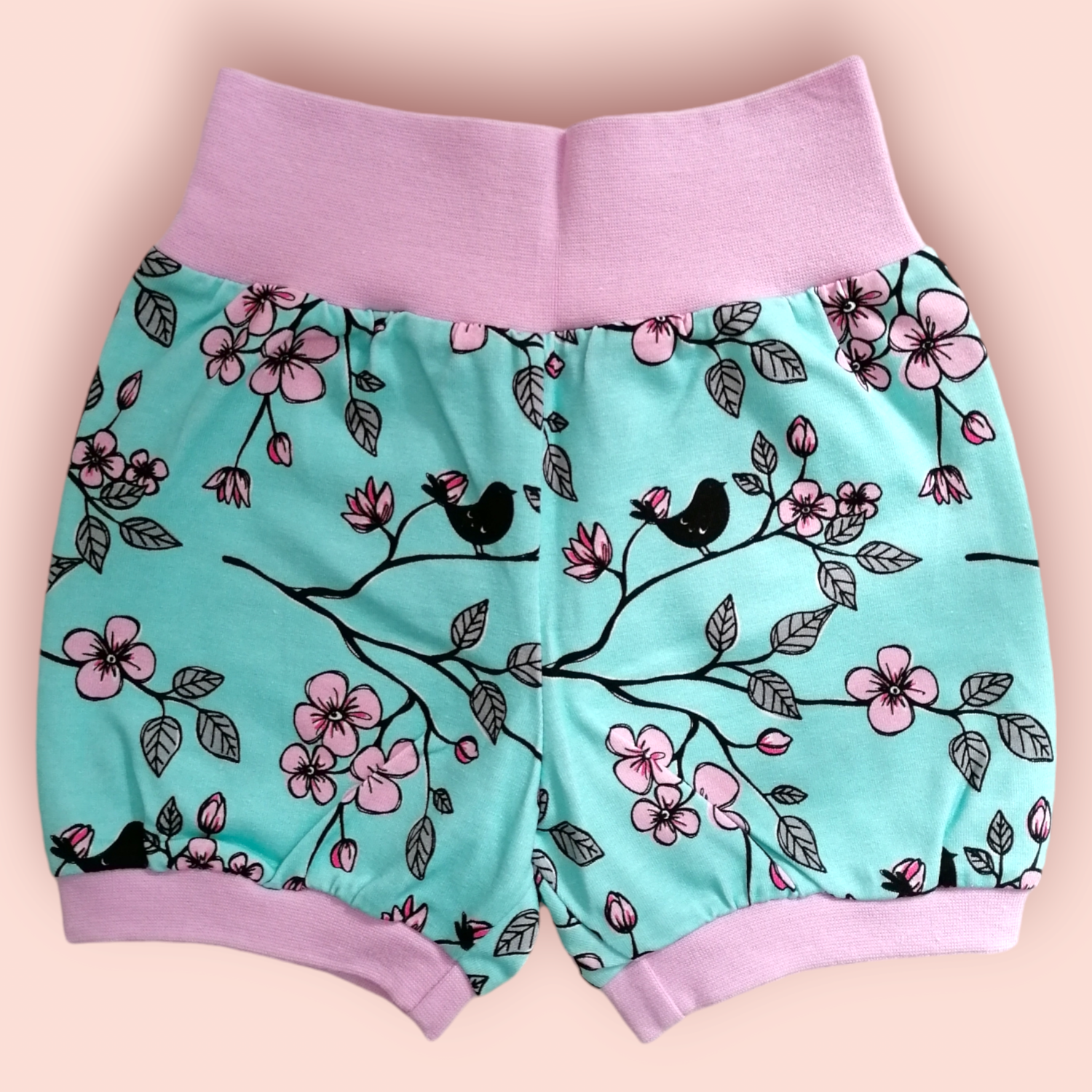 Mädchen Shorts kurze Pumphose türkis rosa Vögelchen Gr. 80/86