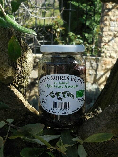 Olives noires de Pays Bio* au naturel origine Drôme Provençale  - Bocal 220 g
