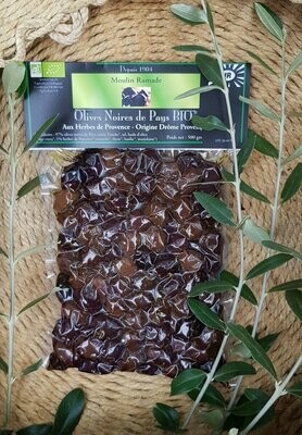 Olives noires de Pays Bio* aux herbes de Provence origine Drôme - Sachet sous vide de 500 g