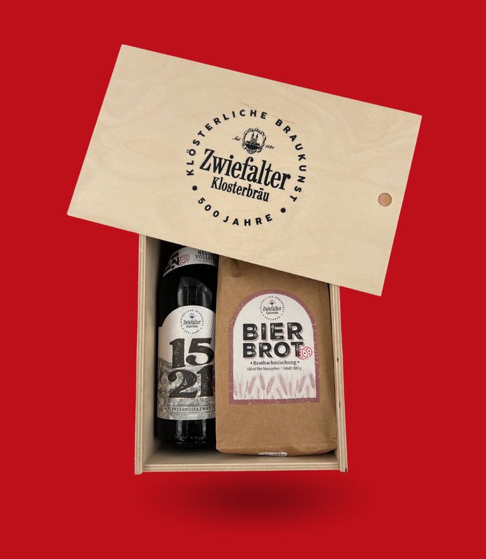 Bier Brot mit 1521 Flasche in einer Holzbox