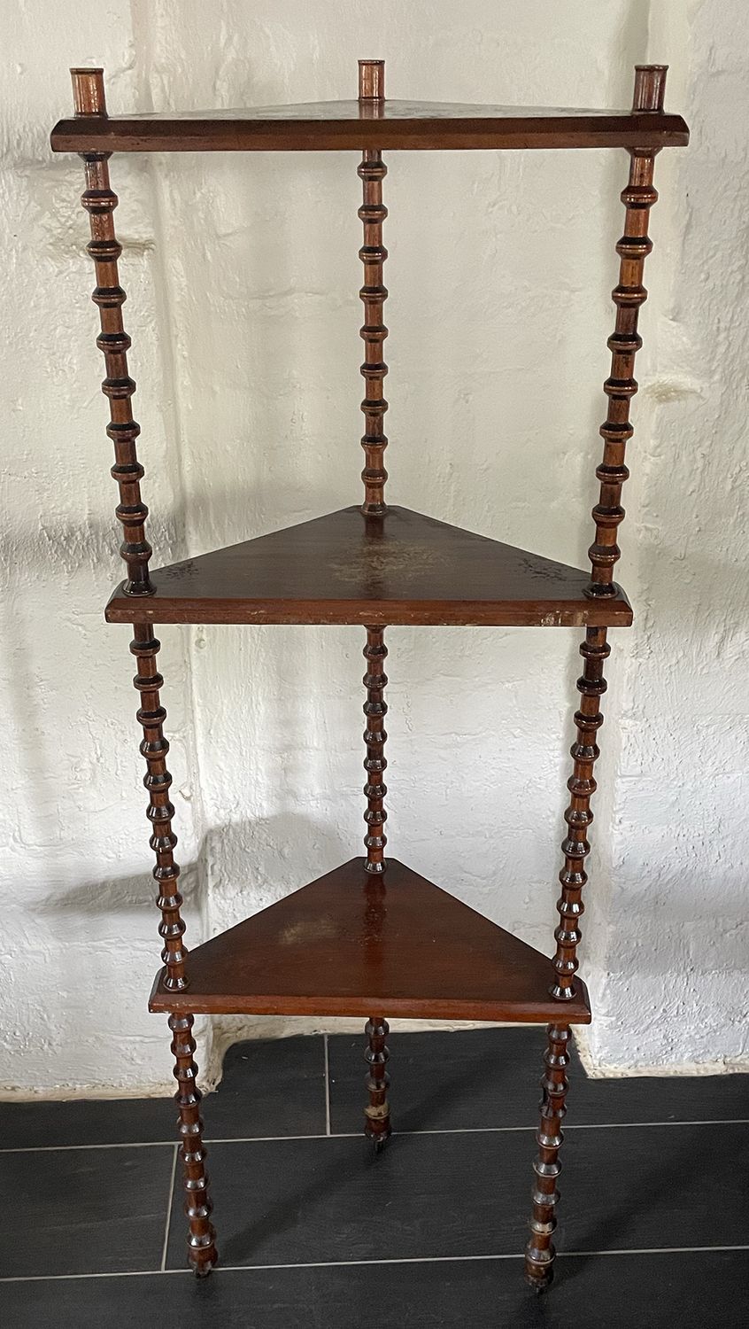 Antique Three-Tier Folk Art Wood Spool Corner Shelf