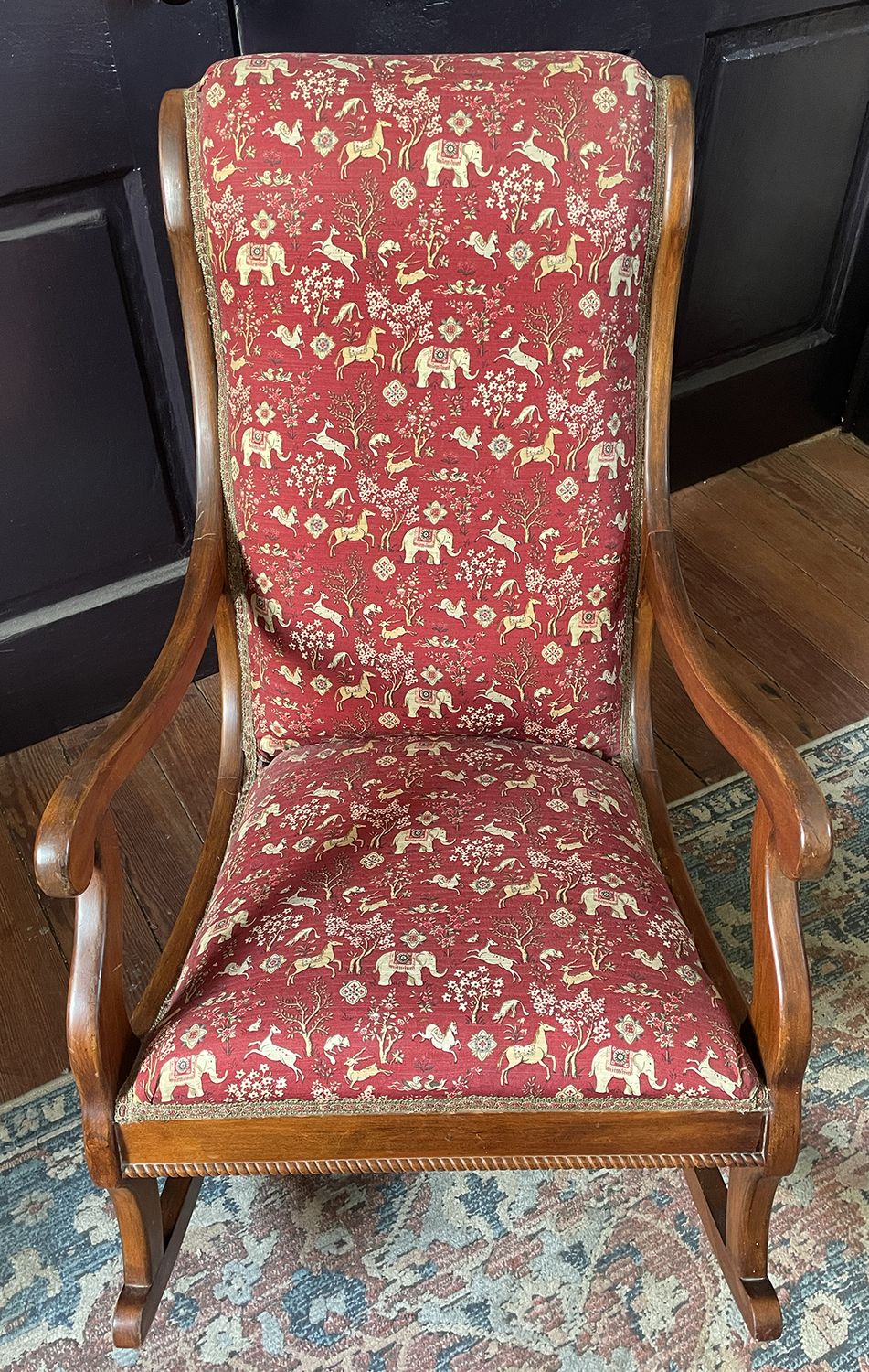Late 19th Century Walnut Rocking Chair with Elephant and Floral Pattern