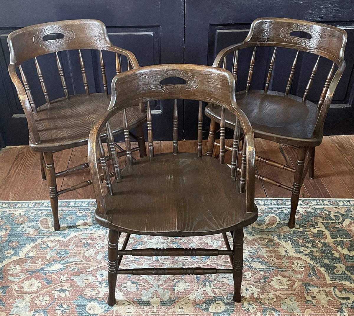 Set of Three Oak Barrel Back Windsor Saloon Chairs