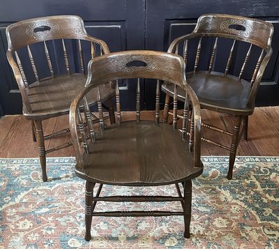 Set of Three Oak Barrel Back Windsor Saloon Chairs