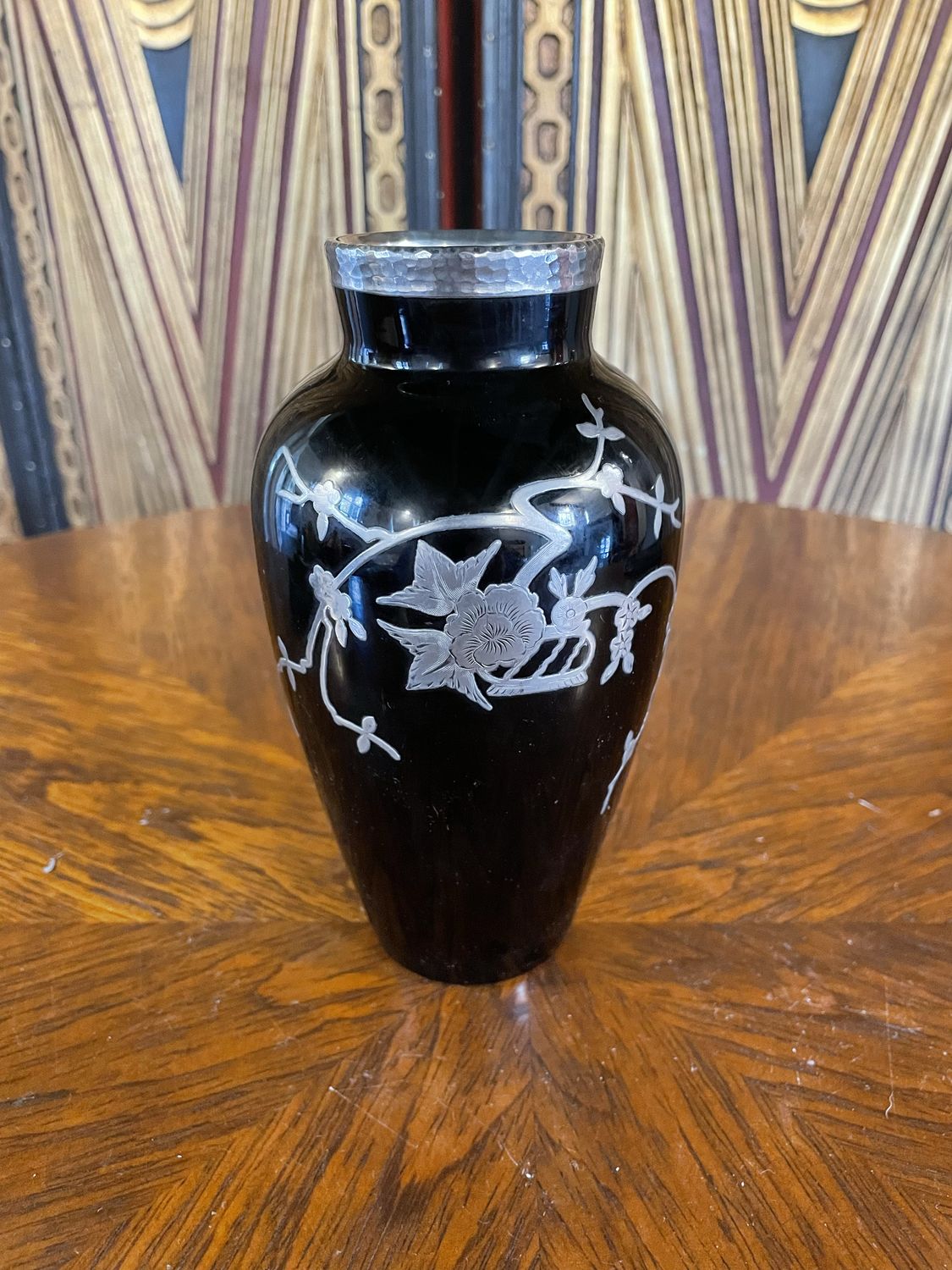 Rockwell Black Glass Vase With Silver Overlay