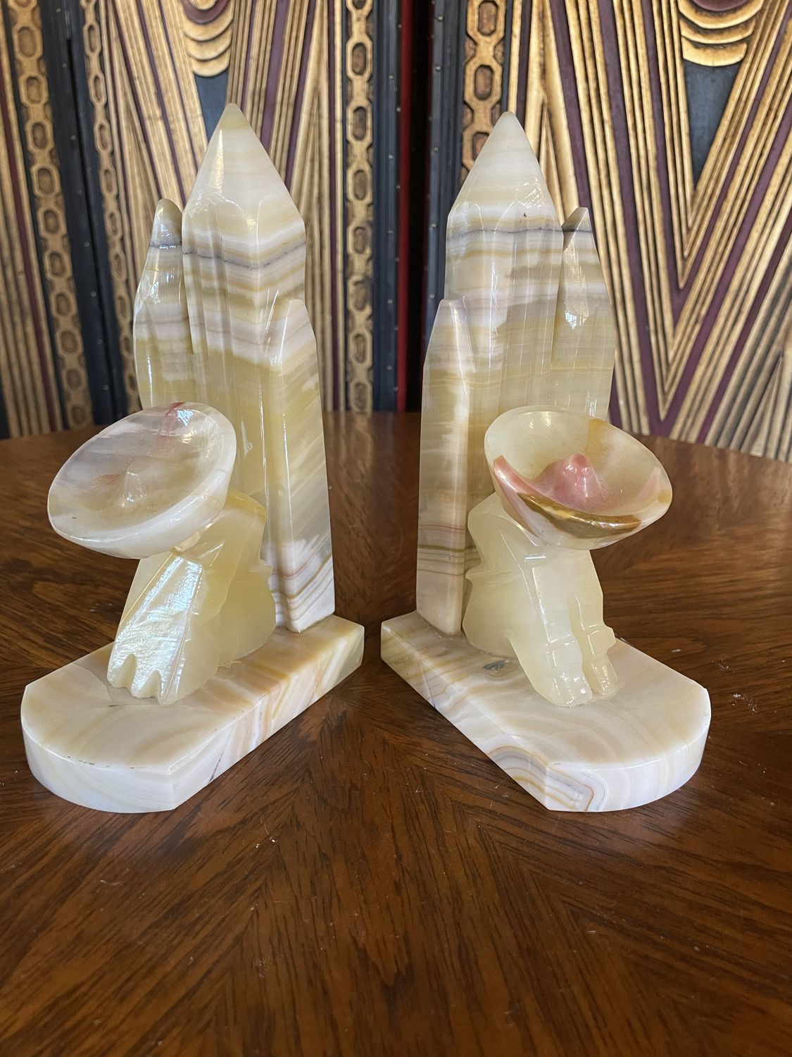 Vintage Pair of Carved Mexican Onyx Stone Bookends