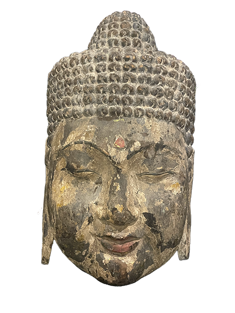 Large 19th Century Carved Wood Buddha Head