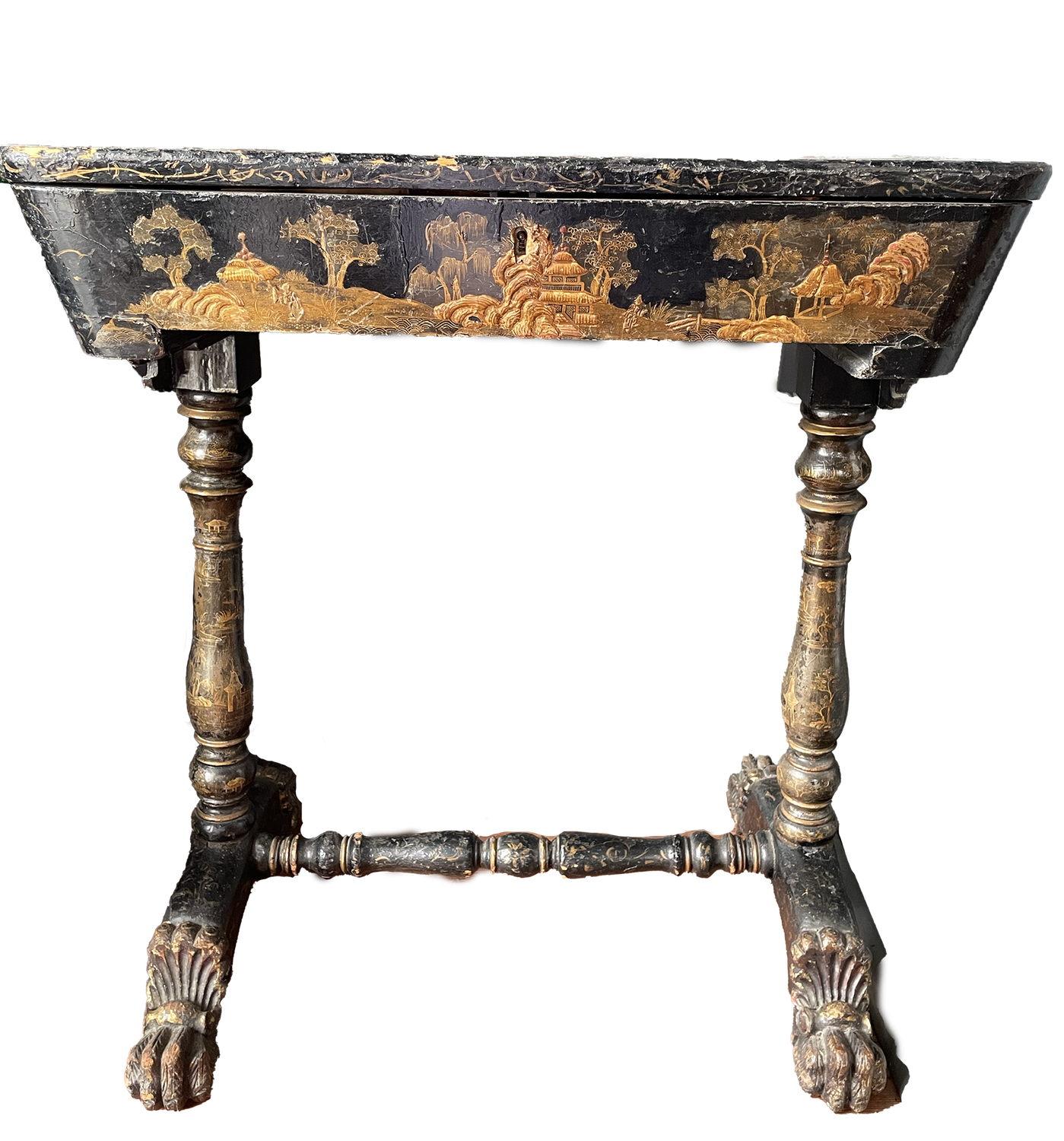 Chinese Export Sewing TableA Chinese Export parcel gilt black lacquer sewing table 18th 19th century with fitted interior. Some damage to lacquer on top, see photos.  29h x 25w x 16d