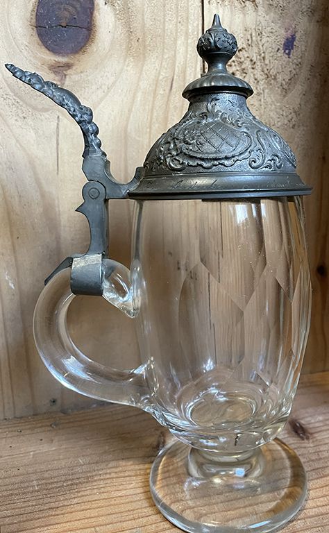 Footed Antique 19th Century Glass Pewter German Lidded Beer Stein