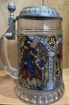 Vintage German Painted Glass Knights Pewter Lidded Beer Stein