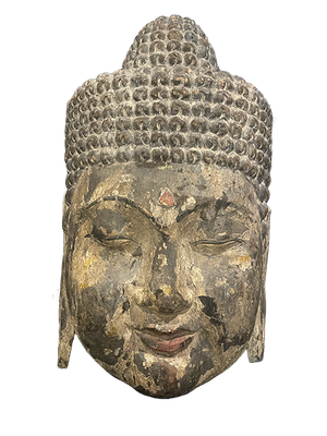 Large 19th Century Carved Wood Buddha Head
