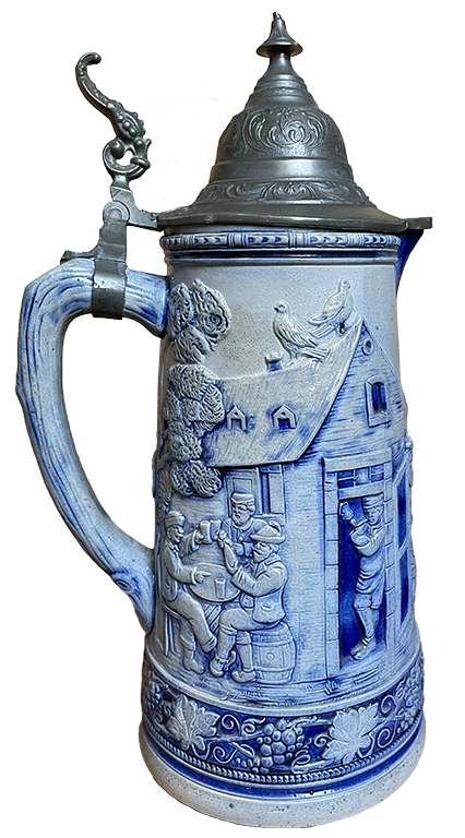 Antique German Stoneware Pewter Lidded Jug