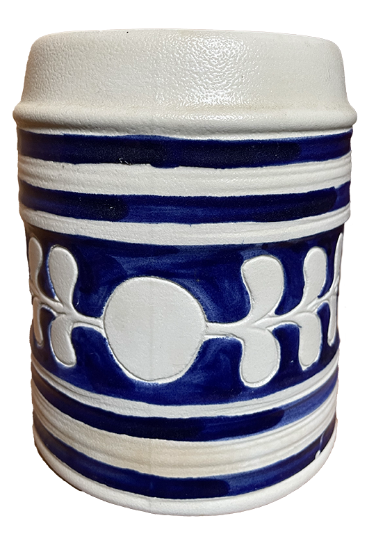 Vintage Colonial Williamsburg Pottery Cobalt Blue Leaf Motif Grey Stoneware Mug