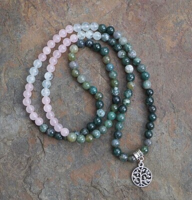 Aquamarine, Rose Quartz, Moss Agate Prayer beads