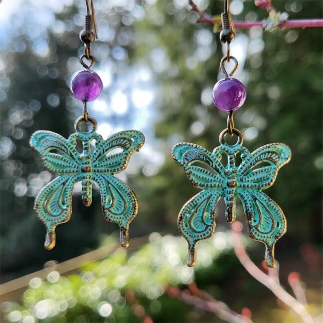 Bronze and Amethyst Butterfly Earrings