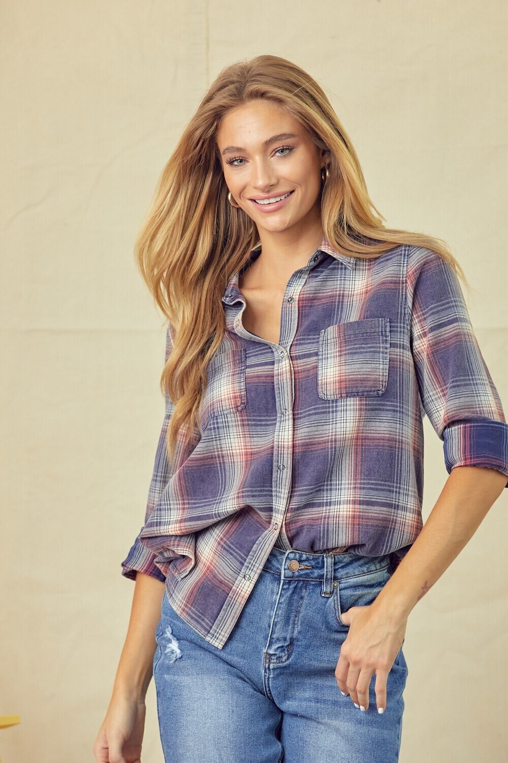 Washed Plaid Snap Button Down Front Shirt
