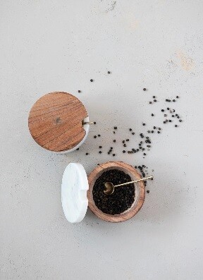 Marble &amp; Acacia Wood Bowl &amp; Lid Set