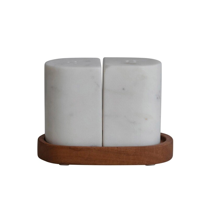 Marble Salt &amp; Pepper Shaker On Acacia Wood Tray