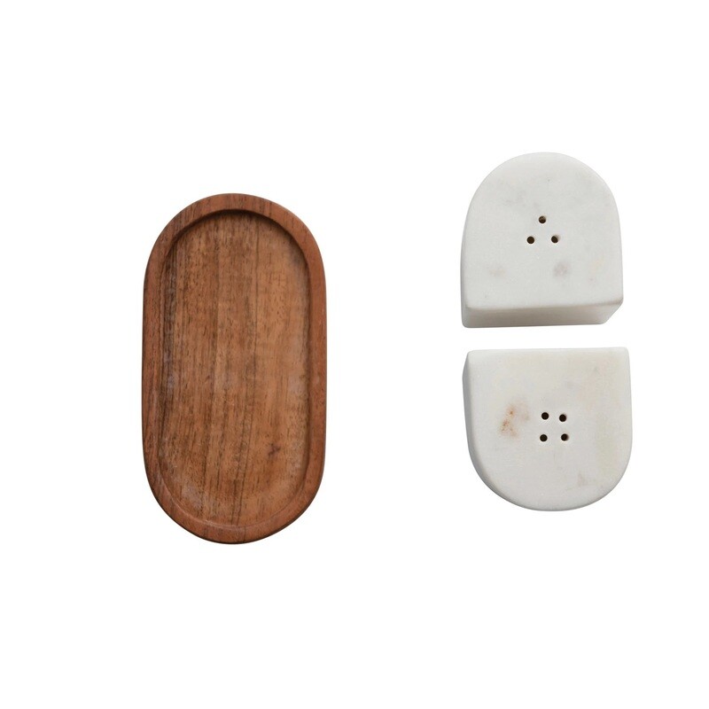 Marble Salt &amp; Pepper Shaker On Acacia Wood Tray