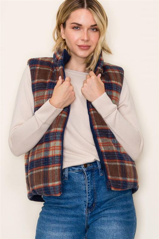 Corduroy &amp; Plaid Reversible Puffer Vest
