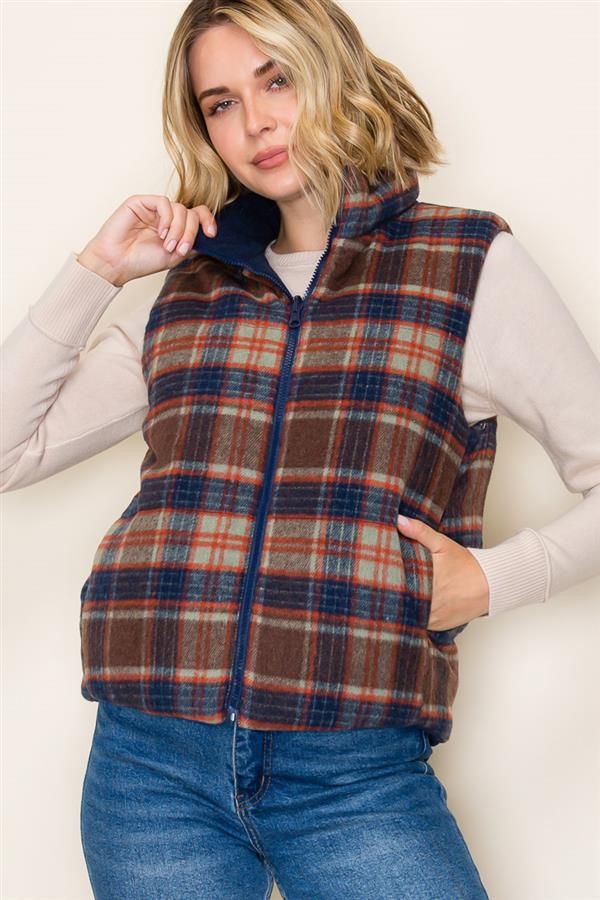 Corduroy &amp; Plaid Reversible Puffer Vest