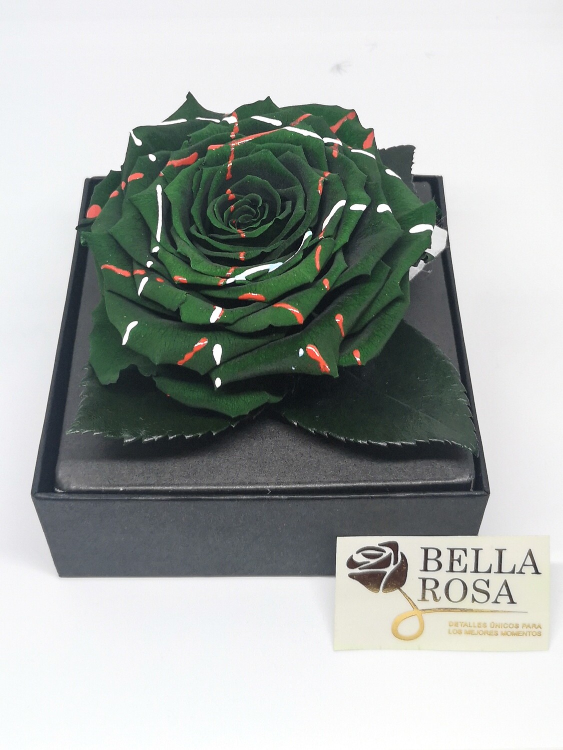 Rosa Preservada Verde con Lineas de Colores en Caja Acrílica