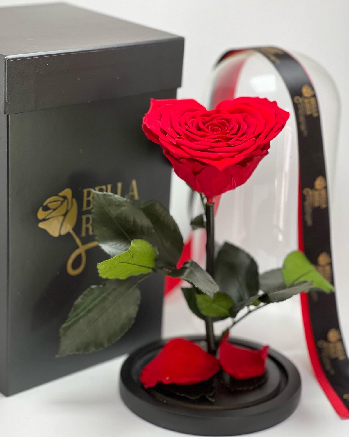 Cúpula de cristal de 21cm de alto con una rosa preservada en forma de corazón