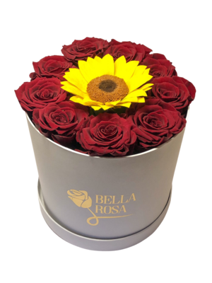 Caja con 9 rosas preservada y un girasol preservado
