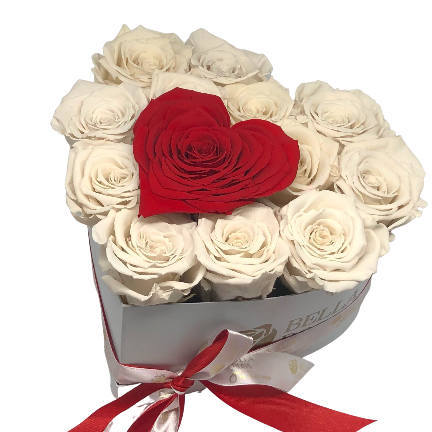 Caja en forma de corazón con 12 rosas tamaño Xl y 1 en forma de corazón